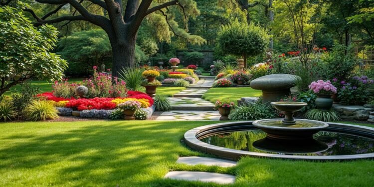 Kreative Gartengestaltung mit verschiedenen Gestaltungselementen