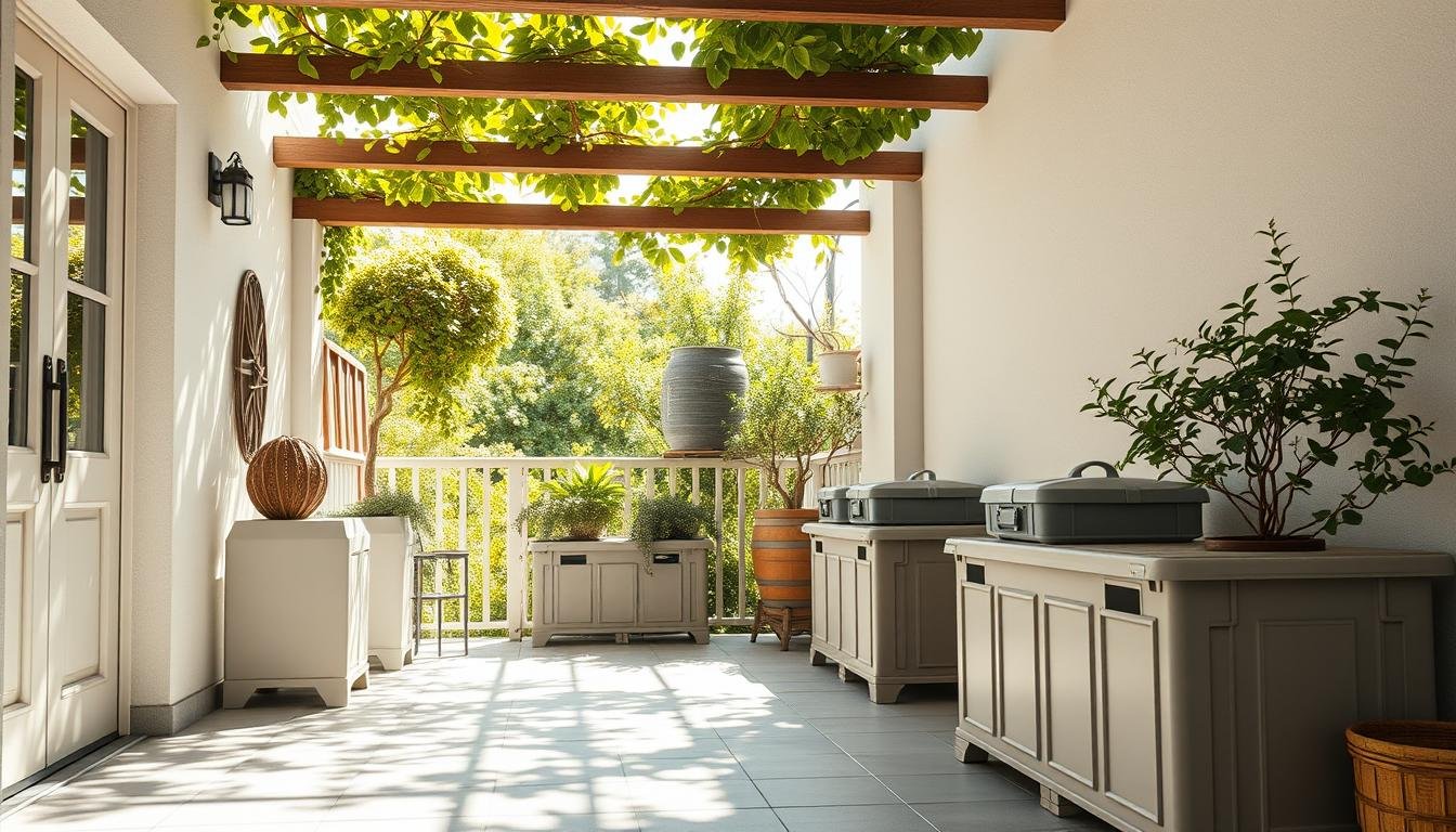 Stauraum Balkon mit wetterfesten Aufbewahrungsboxen Stauraum Balkon mit wetterfesten Aufbewahrungsboxen