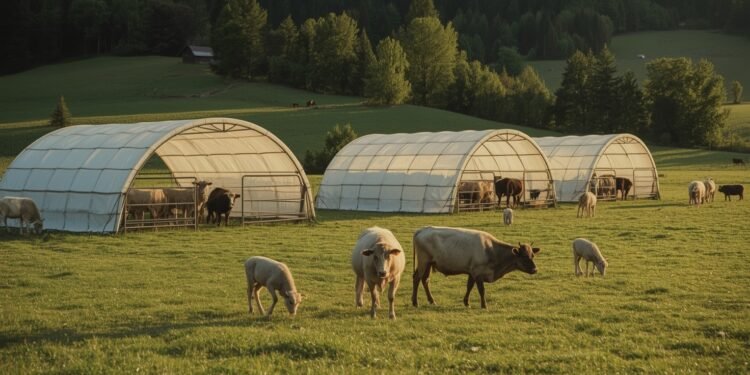 Mehrere Rundbogen-Tierunterstände auf Weide mit Schafen und Rindern