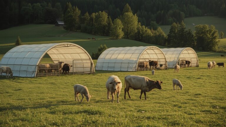 Mehrere Rundbogen-Tierunterstände auf Weide mit Schafen und Rindern